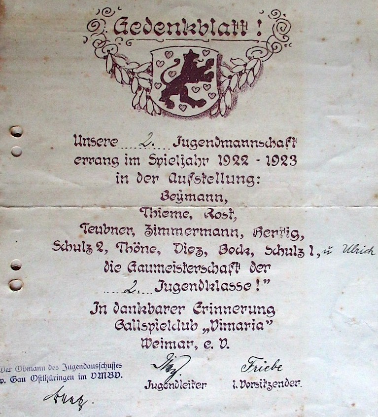 Urkunde vom BC Vimaria Weimar