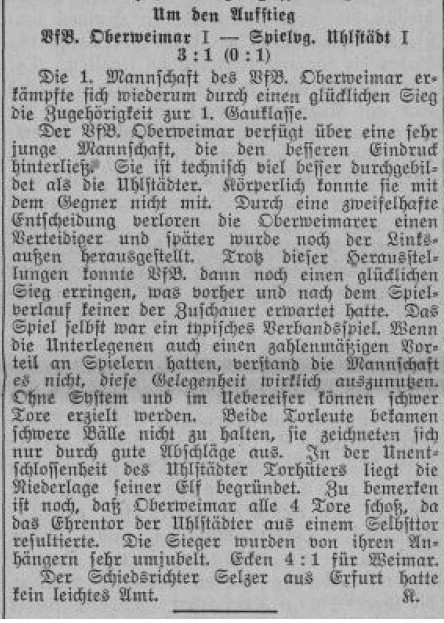 Um den Aufstieg VfB Oberweimar I - Spielverg. Uhlstädt I (Jenaer Volksblatt 22.05.1933)