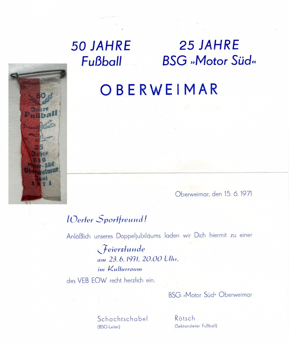 Einladung anlässlich 50 Jahre Fußball in Oberweimar und 25 Jahre BSG Motor Süd