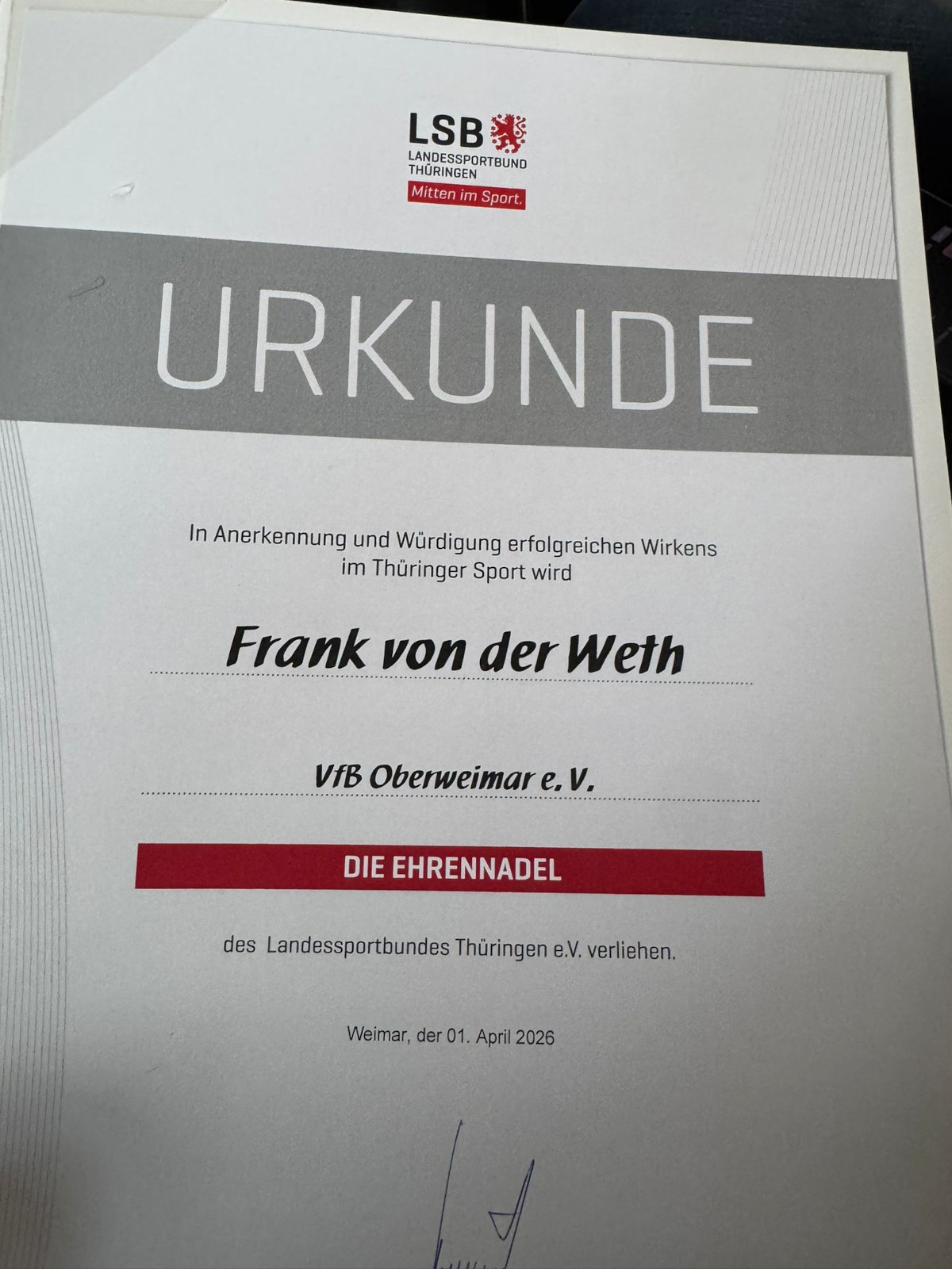 Herzlichen Glückwunsch an unseren Vereinsvorsitzenden Frank von der Weth! 